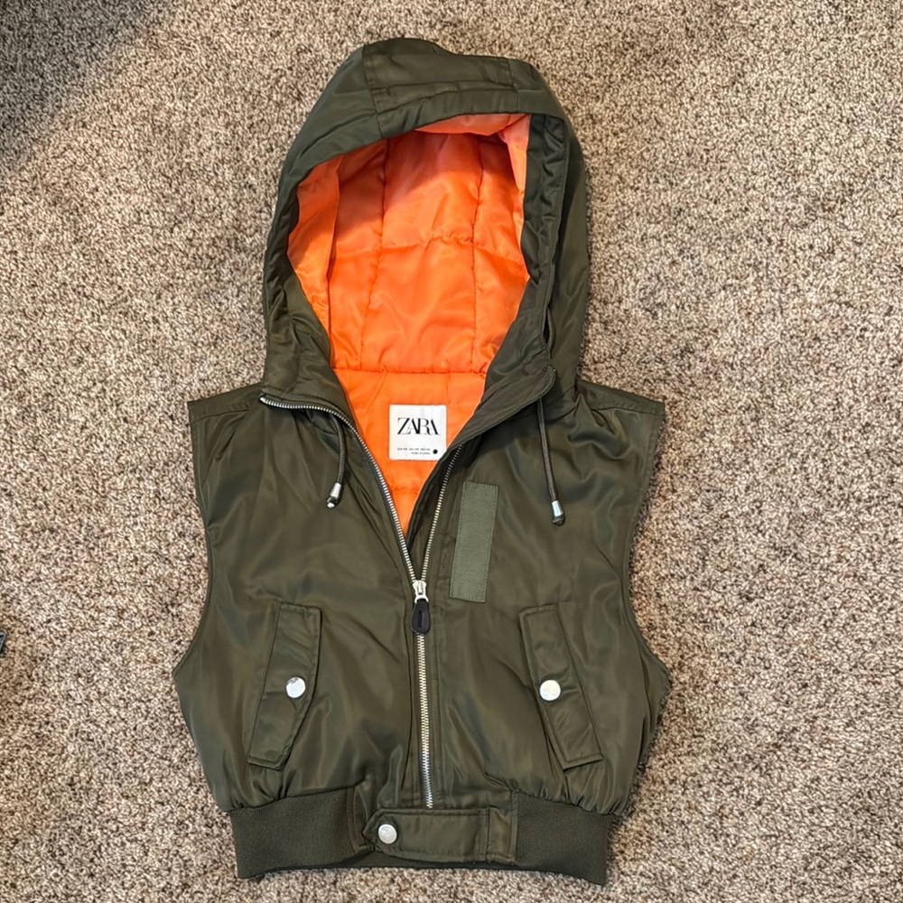 Zara Olive Green Hooded Vest